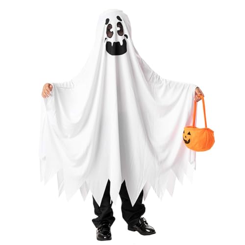 DASIAUTOEM Halloween Geister Umhang Kinder, Weiß Umhang Halloween-Kostüm mit Kürbisbeutel Gespenst Kostüm Mädchen Jungen Horrorkostüm Kinderkostüm Geist für Cosplay Karneval Fasching von DASIAUTOEM