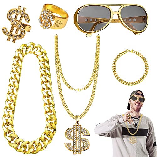 DASIAUTOEM Hip Hop Kostüm, 5 Stück 80er 90er Jahre Hip Hop Disco Kostüm Zubehör, Hip Hop Kostüm Gold Kette Ring Flache Sonnenbrille Rapper Große Kette Halskette für Rapper Damen Herren Party Disco von DASIAUTOEM