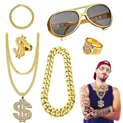 DASIAUTOEM Hip Hop Kostüm Set, 5 Stück 80er Jahre Outfit Herren Gangster Schmuck 80/90er Rapper Zubehör Dollarzeichen Goldkette Sonnenbrille Goldring Hippie Costume Set 2025 Karneval Kostüm Herren von DASIAUTOEM