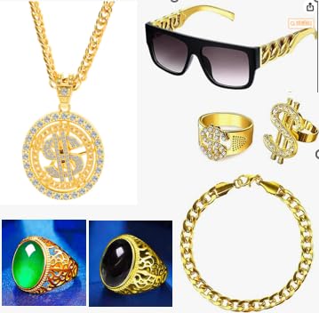 DASIAUTOEM Hip Hop Kostüm Set, Zuhälter Kostüm, Rapper Hiphop Kostüm, 80er 90er Jahre Outfit Herren Mottoparty Anzug, Dollar Kette & Ring Armband, Brille, Goldkette für Karneval Cosplay Fasching Party von DASIAUTOEM