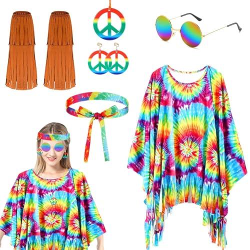 DASIAUTOEM Hippie Kostüm Damen, 60er 70er Hippie Kleidung Frauen Mädchen Disco Outfit Kostüm Boho Damen Mädchen 70er Hippie Kostüm Set Damen Disco Geeignet für Motto-Party, Karneval von DASIAUTOEM