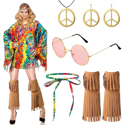 DASIAUTOEM Hippie Kostüm Damen Set, 60er 70er Hippie Kleid Kostüm für Damen, Karneval Kostüm Damen Hippie, Hippie Kleidung Poncho, Stirnband, Halskette Friedenszeichen Party Fasching Zubehörset von DASIAUTOEM