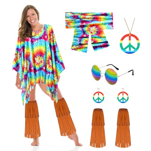 DASIAUTOEM Hippie Kostüm Set, Karneval Kostüm Damen Hippie, Hippie Kleidung Poncho, Hippie Poncho 60er 70er Jahre Party Kostüm für Karneval, Mottoparty (Farbenfroh+Bein Stil 2) von DASIAUTOEM