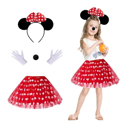 DASIAUTOEM Karneval Mädchen Maus Mouse Kostüm 4 Stück, Fasching Tierkostüm mit Gepunktetes Kleid und Fliege Stirnband, Rosa Pailletten, Kinder mädchen Cosplay Zubehör, für Maskerade Kindergeburtstag von DASIAUTOEM