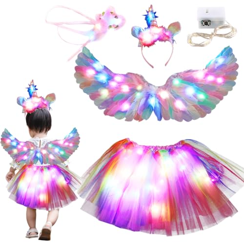 DASIAUTOEM Leuchtend Mädchen Prinzessin Kleid, 4 Stück Kinder Kostüm Mädchen Bunt Federflügel Engelsflügel LED Tüllrock für Geburtstag Party Cosplay Verkleidung Karneval Kostüm von DASIAUTOEM