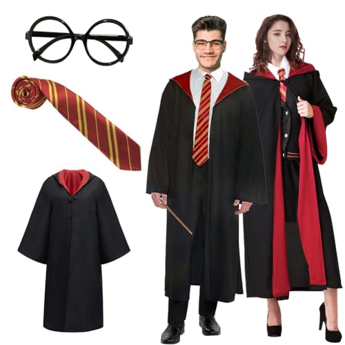 DASIAUTOEM Magier Robe, Gryffindor Umhang, Slytherins Umhang, Zauberer Robe für Erwachsene, mit Umhang Krawatte Brille, Zaubererrobe für Karneval Cosplay Kostüm Verkleidung Party von DASIAUTOEM