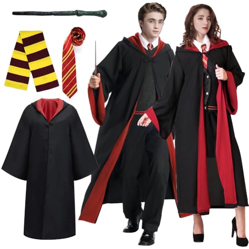 DASIAUTOEM Magier Robe, Zauberer Cosplay Set, Zauberer Robe für Erwachsene, mit Umhang Krawatte, Schal, Zaubererrobe für Karneval Cosplay Kostüm Verkleidung Fasching Party (Gryffindor, L) von DASIAUTOEM