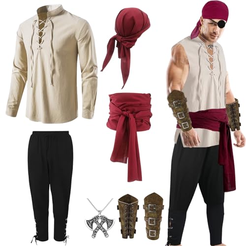 DASIAUTOEM Mittelalter Kleidung Herren Set, Herren Renaissance Kostüm Accessoires Set, Hemd Viking Kostüm Schnürhemd Herren Lang Mittelalter mit Hose Gürtel Handgelenkgurt Ritter Deko (L) von DASIAUTOEM