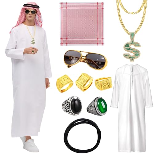 DASIAUTOEM Scheich Kostüm Herren - Kostüm Arabischer Scheich, Karneval Party Fashion Orient Kostüm, Arabisches Weißes Gewand mit Zubehör für Karneval Cosplay Party Outfit Faschingskostüme (L) von DASIAUTOEM