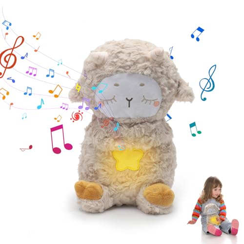 DASIAUTOEM Schlummer Kuscheltier, Schlummer Schaf mit Atembewegung und Musik, Kuscheltier Kinder Spielzeug, Einschlafhilfe Plüschtier, Geschenk für Babys Jungen Mädche (Braun) von DASIAUTOEM