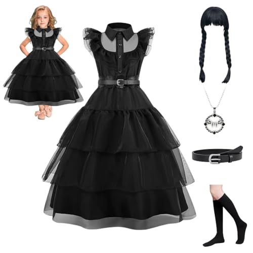 DASIAUTOEM Schwarz Kostüm Mädchen, Kinder Halloween Kinder Kostüm mit Perücke Schmuck Accessoires für Kinder Familie Prinzessin Schwarz Kleid Halloween Karnival Cosplay Partykleid (110) von DASIAUTOEM