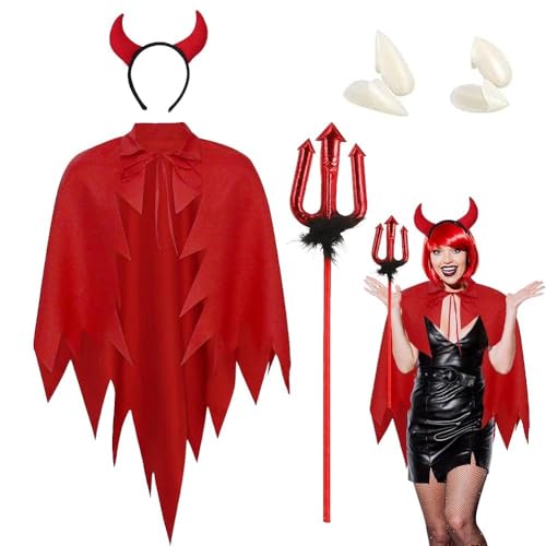 DASIAUTOEM Teufel Kostüm Damen, Teufel Kostüm 1,09M Rot Vampir Umhang Cape Cosplay für 1,4-1,7 Meter Damen und Kinder, Teufelkostüm mit Teufelswinkel für Karneval Halloween Cosplay Party von DASIAUTOEM