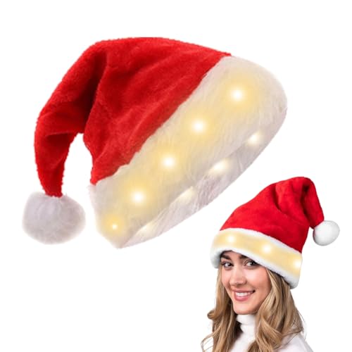 DASIAUTOEM Weihnachtsmütze, LED Nikolausmütze, Plüschseite Leuchtendem Weihnachtsmann Mütz Santa Hat, Weihnachtsmütze Erwachsene mit Bommel für Weihnachten Neujahr Feiertagsparty (Warmlicht) von DASIAUTOEM