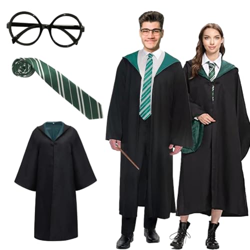 DASIAUTOEM Zauberer-Robe, Zauberer-Schulmantel, Umhang, Krawatte, Brille, Zauberer-Kostüm, Cosplay-Set, magische Uniform, Zauberer-Kleid für Erwachsene, Teenager (Slytherin, L) von DASIAUTOEM