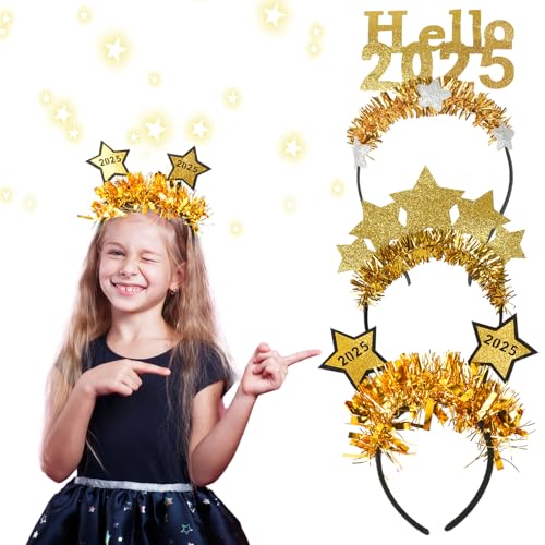 DATIFF 3pcs Silvester Haarreif 2025 Happy New Year Kopfschmuck Glitzer Stern Silber Gold Silvester Haarband Silvester Foto Requisiten für Kinder Erwachsene Neujahr Silvester Eve Party Deko von DATIFF