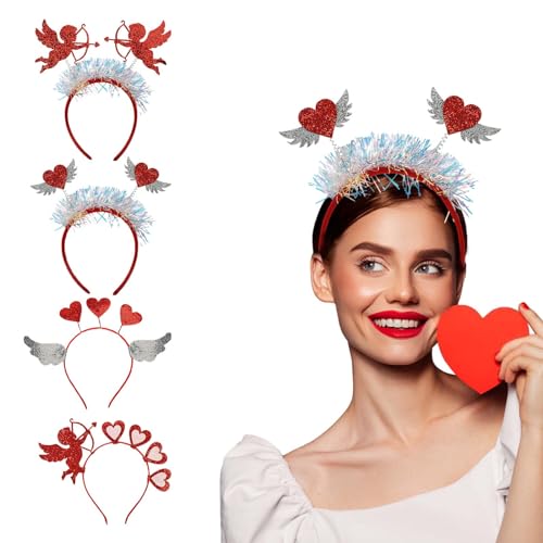 DATIFF 4 pcs Herz Haarreif Glitter Rot Stirnband Engelsflügel Kopfschmuck Amor Haarband Herzförmiges Stirnbänder für Kinder Erwachsene Valentinstag Hochzeit JGA Karneval Party Zubehör Geschenk von DATIFF