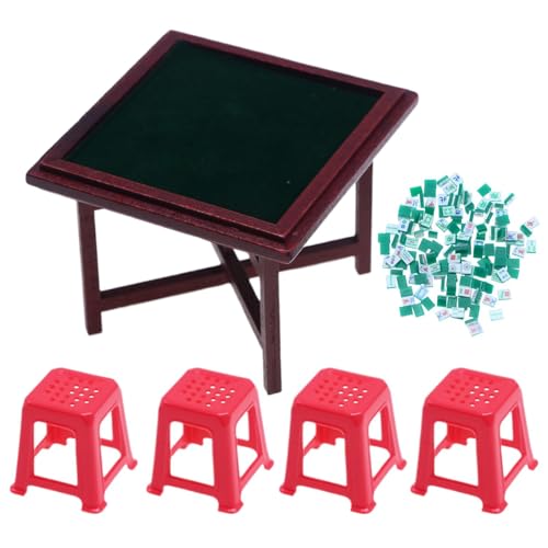 DAWCBVJQ 1/12 Scale Dolls House Miniature Mahjong Table Do-llhouse Accessories With Miniature Mahjong Table Snd 4 Red Chairs, Mahjong Set For Doll House, Cartoon Doll House Mahjong Table Ornament von DAWCBVJQ