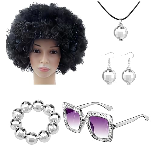 DAWCBVJQ 70er Jahre Disco Zubehör für Damen | 5 Bling 70er Jahre Disco Kostüm Set Rapper Kostüm | Afro Perücke, Ohrringe, Sonnenbrille, Discokugel Zubehör, Halskette Kit für Männer, Frauen von DAWCBVJQ