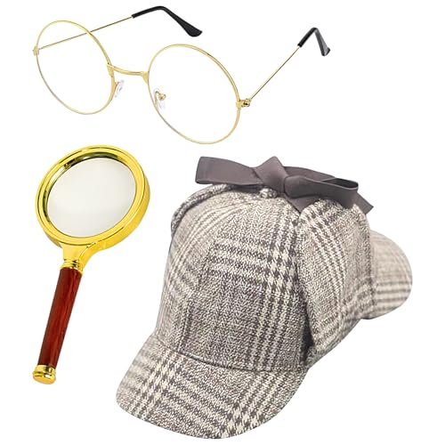 DAWCBVJQ Detektiv Kostümzubehör Set,Detektiv Cosplay Zubehör | Cosplay Kostüm Accessoires, Hut Brille Lupe für Damen Herren Mädchen Halloween Party Bühnenauftritt DAWCBVJQ Detektiv Kostümzubehör Set,Detektiv Cosplay Zubehör | Cosplay Kostüm Accessoires, Hut Brille Lupe für Damen Herren Mädchen Halloween Party Bühnenauftritt von DAWCBVJQ