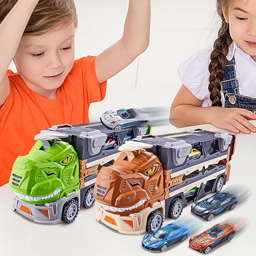 DAWCBVJQ Dinosaurier-Schienenauto, Dinosaurier-Spielzeugauto - Spiel-Truck mit 2 Auswurfschienen und 8 Metallfahrzeugen,Spielzeugauto-Schienenset, Dino-Auto, LKW-und Schienen von DAWCBVJQ