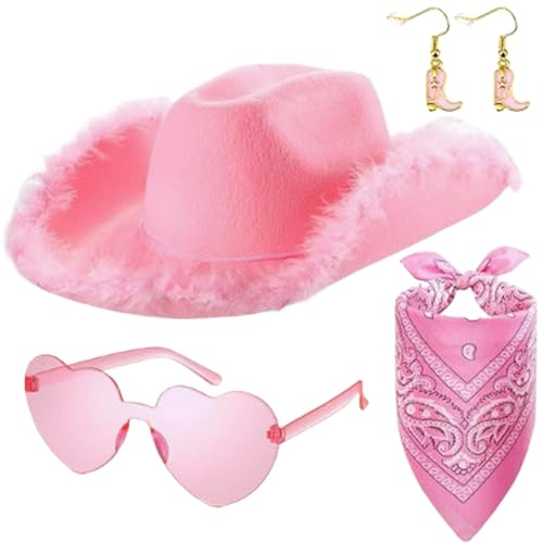 DAWCBVJQ Rosa Kostüm Cowboyhut, Cowgirlhut für Mädchen - 4X Damen Erwachsene Cowboy-Kostüm Cowgirl-Hut - Brille, Bandana und Ohrringe im Lieferumfang enthalten. Rollenspiel-Cowgirl-Hut mit Plüsch für von DAWCBVJQ