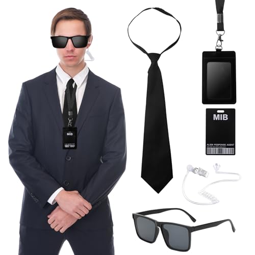 DAWRIS Agenten-Kostüm-Zubehör, Geheimdienst-Kostüm-Set, Spionage-Kostüm-Zubehör, Kostüm-Set, Erwachsene, Cosplay, Verkleidungsparty, schwarze Sonnenbrille, Reißverschluss, Kopfhörer, Ausweis, von DAWRIS