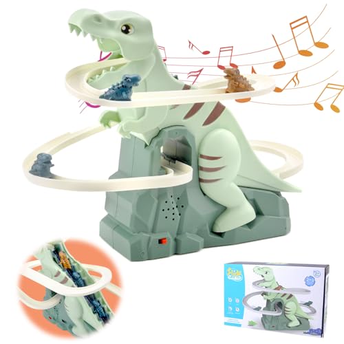 DAWRSI Treppensteigen Spielzeug Elektrische Dino Slide Track mit Licht und Musik Dinosaurier Achterbahn Spielzeug Treppe Klettern Rennbahn Spielzeug Kinder Dinosaur Climbing Roller Coaster Toy von DAWRIS