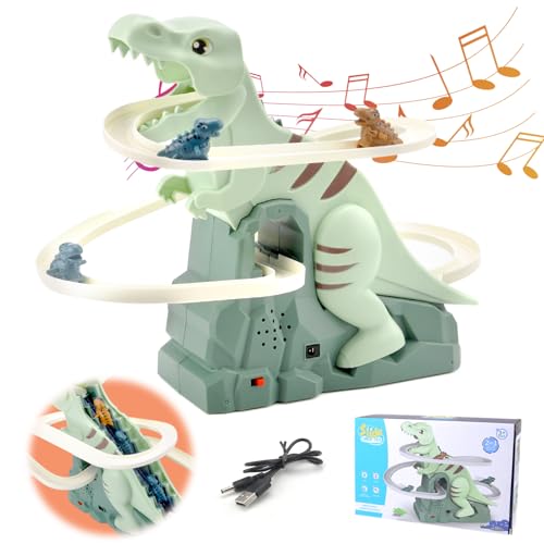 DAWRSI Treppensteigen Spielzeug Elektrische Dino Slide Track mit Licht und Musik Dinosaurier Achterbahn Spielzeug Treppe Klettern Rennbahn Spielzeug Kinder Dinosaur Climbing Roller Coaster Toy von DAWRIS