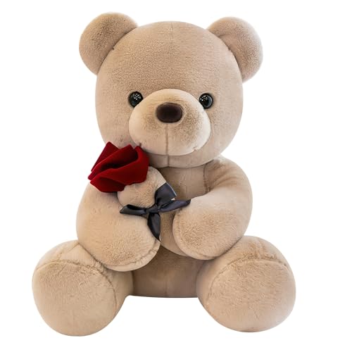 Kuschelweicher Teddybär groß 25 cm mit Rose, Teddy Bär Klein Braunbär Süße Stofftier Spielzeug Teddybär Plüschtier Kuscheltiere Stofftier Spielzeug Dekozimmer Kissen Stofftier Teddy Kuscheltier von DAWRIS