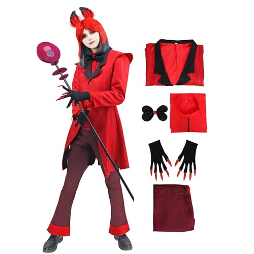 DAZCOS Alastor Cosplay Rot Kostüm Jacke Outfits mit Krawatte und Handschuh für Halloween-Partys (Größe XL) von DAZCOS