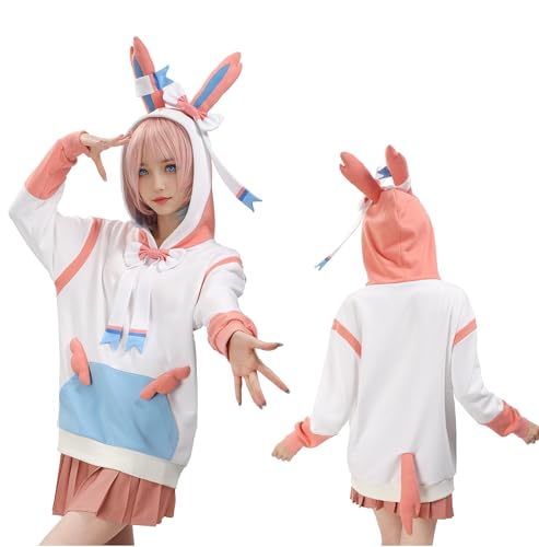 DAZCOS Anime Cosplay Sweatshirt Hoodie mit Ohren und Schwanz Blau Rosa Halloween Kostüm für Damen, Weiss/opulenter Garten, XS von DAZCOS