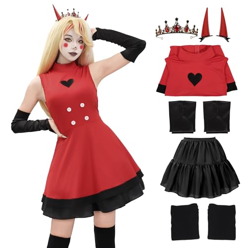 DAZCOS Charlie Morningstar Cosplay-Kostüm, rotes Kleid mit Trubel für Damen, komplettes Set, Outfits für Halloween, Größe XL DAZCOS Charlie Morningstar Cosplay-Kostüm, rotes Kleid mit Trubel für Damen, komplettes Set, Outfits für Halloween, Größe XL von DAZCOS