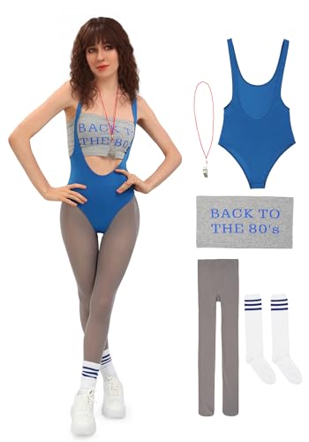 DAZCOS Lisa Cosplay-Kostüm für Damen, US-Größe, Retro, 80er-Jahre, Workout-Outfit mit engen Hosen, gestreiften Socken, Grau, Blau, XS von DAZCOS