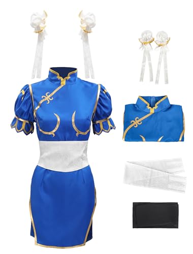 DAZCOS US-Größe, klassisches Spielkämpfer-Kostüm für Damen, Cosplay-Kostüm, Outfit mit Strumpfhose und Haarschmuck, Halloween, Blau, Größe XS von DAZCOS