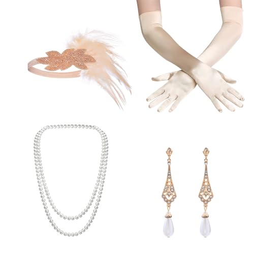 DAZZLUXE 1 Champagnerfarbener Anzug, Stirnband, Ohrringe, Halskette, Handschuhe, Damenaccessoires Der 1920er Jahre, Der Große Gatsby, Damenbekleidung Der 1920er Jahre von DAZZLUXE