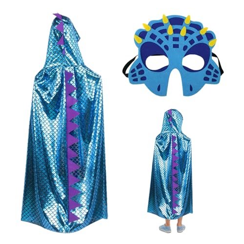 DAZZLUXE 1 Set Dinosaurier-Kostüm für Kinder, Dinosaurier-Maske, blauer Kinderumhang, Dinosaurier-Umhang, Kinderkostüm, perfekt für Geburtstagsfeiern, Themenspiele, geeignet für Mädchen und Jungen von DAZZLUXE