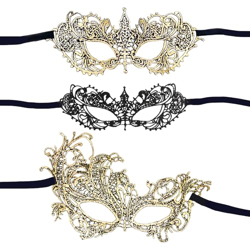 DAZZLUXE 3 Stück Spitzenmasken, Spitzenhohlmasken, Maskerademasken, Von Spitzenmasken, Karnevalsmasken, Goldmasken, Spitzenaugenmasken von DAZZLUXE