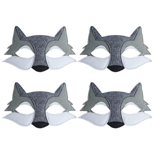 DAZZLUXE 4 Stück Graue Wolfsmaske, Tiermaske, Graue Wolfsfilzmaske, Kinderpartymaske, Maskerademaske, Halbgesichtswolfmaske, Halloween-Anziehzubehör Für Cosplay, Maskerade, Party von DAZZLUXE