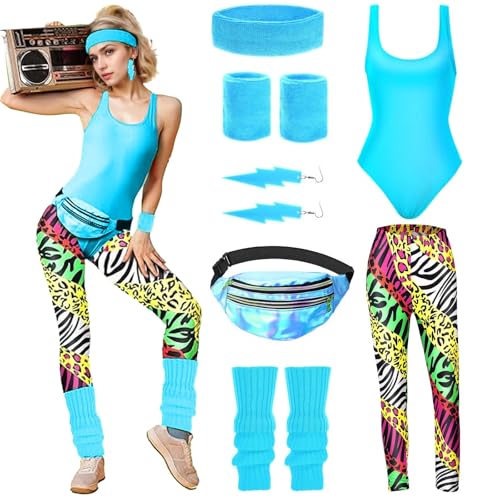 80er Jahre Outfit Damen,Damen 80er Jahre Workout Kostüm,80er Jahre Accessoires,mit Bauchtasche,Stirnband, Beinwärmer,90er Jahre Outfit Damen,für Karneval und Halloween Partie,Mottoparty,Fasching von DAZZTIME