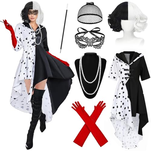 Cruella Deville Kostüm,Cruella Kostüm Damen,Schwarzer und Weißer Dalmatiner Fleck Kleid,Halloween Damen,Karneval Halloween Party Verkleidung,für Karneval,Fasching,Mottoparty Cruella Deville Kostüm,Cruella Kostüm Damen,Schwarzer und Weißer Dalmatiner Fleck Kleid,Halloween Damen,Karneval Halloween Party Verkleidung,für Karneval,Fasching,Mottoparty von DAZZTIME