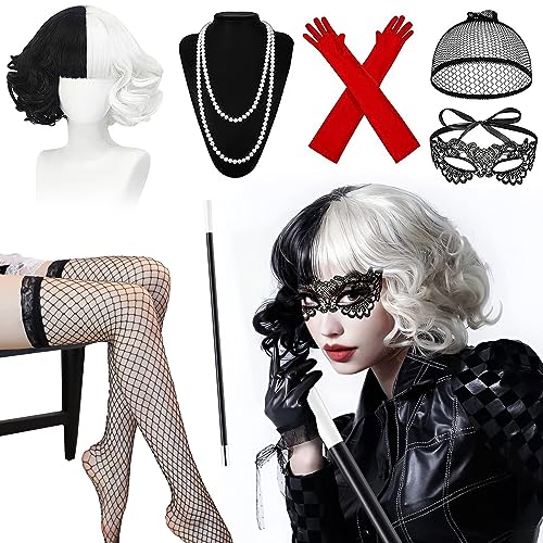 Cruella Kostüm Damen,Halloween Kostüm Damen,70er Jahre Accessoires,Kurze Schwarze und Weiße Perücke mit Damen Spitze Maske,Netzstrümpfe Damen,Handschuhe Halskette Set,für Fasching von DAZZTIME