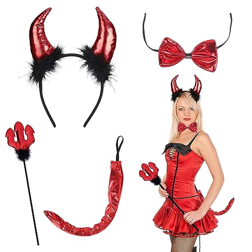 DAZZTIME 4tlg Teufelshörner Kostüm Set,Teufel Hörner Haarreif,Teufel Kostüm Damen,mit Fliege Teufelsschwanz Dreizack Devil Horn,für Karneval,Fasching,Mottoparty,Halloween,Kinder Erwachsene von DAZZTIME