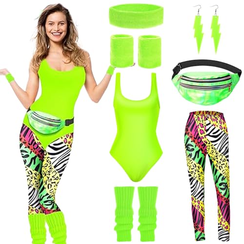 80er Jahre Outfit Damen,Damen 80er Jahre Workout Kostüm,80er Jahre Accessoires,mit Bauchtasche,Stirnband, Beinwärmer,90er Jahre Outfit Damen,für Karneval und Halloween Partie,Mottoparty,Fasching von DAZZTIME