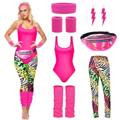 80er Jahre Outfit Damen,Damen 80er Jahre Workout Kostüm,80er Jahre Accessoires,mit Bauchtasche,Stirnband, Beinwärmer,90er Jahre Outfit Damen,für Karneval und Halloween Partie,Mottoparty,Fasching von DAZZTIME