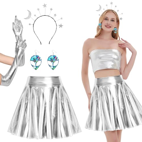 DAZZTIME Alien Kostüm Set,4 Stück Damen Metallischer Faltenrock,Cosplay Metallic Glitzer Outfits+Metallic Handschuhe+Alien Stirnband+Alien Ohrringe,für Karneval,Fasching,Mottoparty Kostüm Zubehör von DAZZTIME