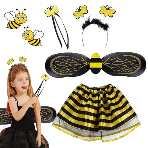 DAZZTIME Bienenkostüm Kinder, 4 Stück, Bienen Kostüm für Kinder, Mit Bienen Flügel, Haarreif, Zauberstab, Tüllrock, Feenkostüm Kinder Mädchen, für Karneval, Halloween, Fasching, Mottoparty von DAZZTIME