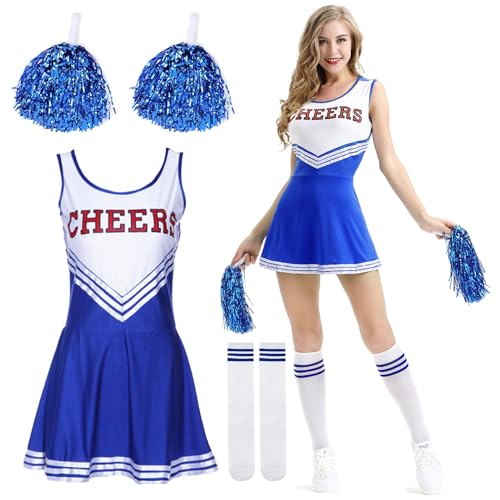 DAZZTIME Cheerleader Kostüm Damen,Kostüm Cheerleader,Cheerleadering Outfit Mädchen,Kostüme für Erwachsene,Cheer Outfit Fasching Party Halloween Kostüm Kleid mit Pompoms Socken,Karneval,Mottoparty. von DAZZTIME