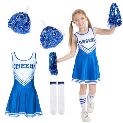 DAZZTIME Cheerleader Kostüm Kinder,Cheerleader Kostüm Damen,Cheerleadering Outfit Mädchen,Kinderkostüm Cheerleader,Kinder Cheer Outfit mit Pompoms Socken,für Karneval Halloween,Fasching,Mottoparty. von DAZZTIME