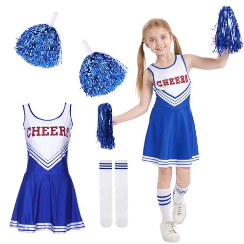 DAZZTIME Cheerleader Kostüm Kinder,Cheerleader Kostüm Damen,Cheerleadering Outfit Mädchen,Kinderkostüm Cheerleader,Kinder Cheer Outfit mit Pompoms Socken,für Karneval Halloween,Fasching,Mottoparty. von DAZZTIME