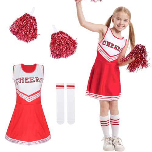 DAZZTIME Cheerleader Kostüm Kinder,Cheerleader Kostüm Damen,Cheerleadering Outfit Mädchen,Kinderkostüm Cheerleader,Kinder Cheer Outfit mit Pompoms Socken,für Karneval Halloween,Fasching,Mottoparty. von DAZZTIME